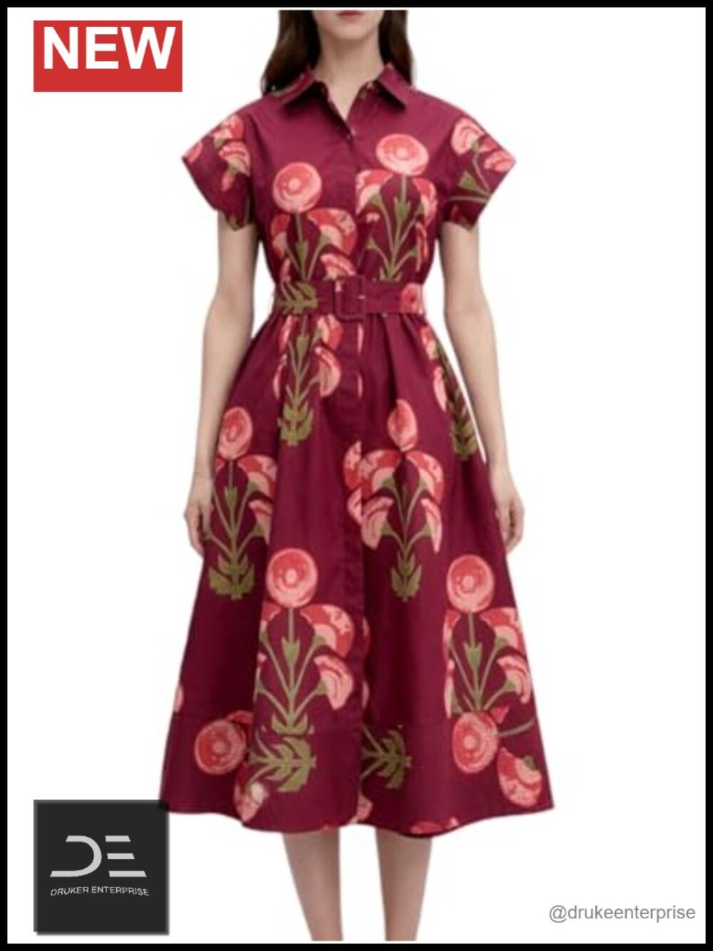 Women Summer Midi Dress Wing Short Sleeve Button Down Floral 100% Cotton with